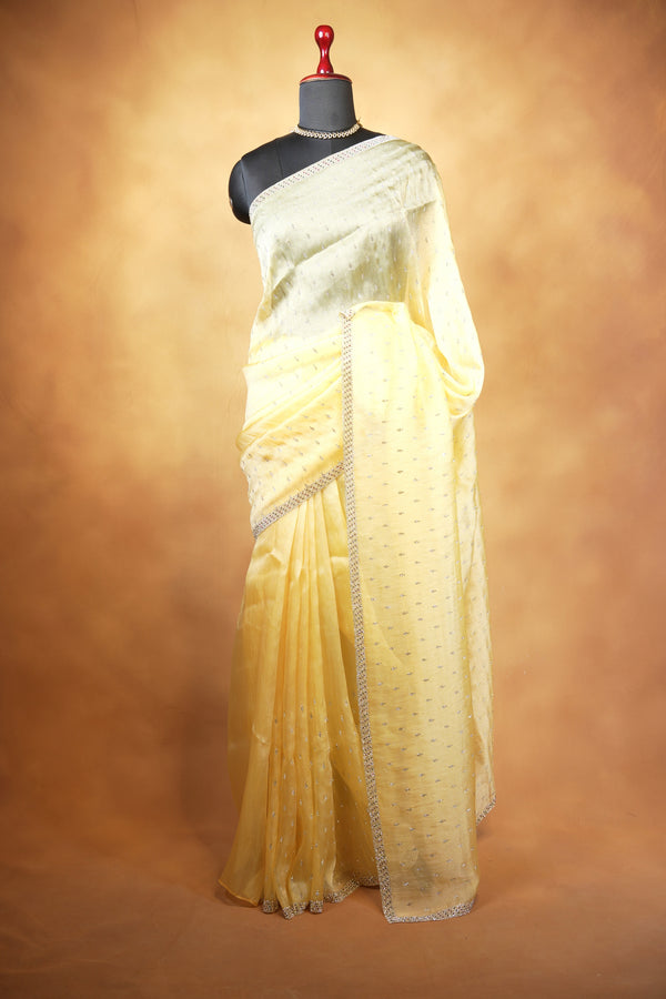 Organza Tissue Saree | Lemon Yellow with Silver Sequin Work | Party & Festive Wear