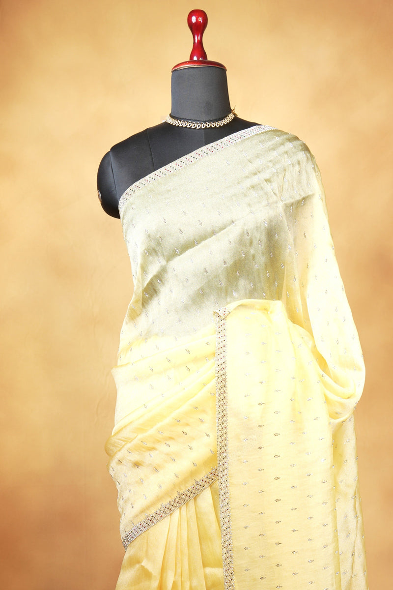 Organza Tissue Saree | Lemon Yellow with Silver Sequin Work | Party & Festive Wear