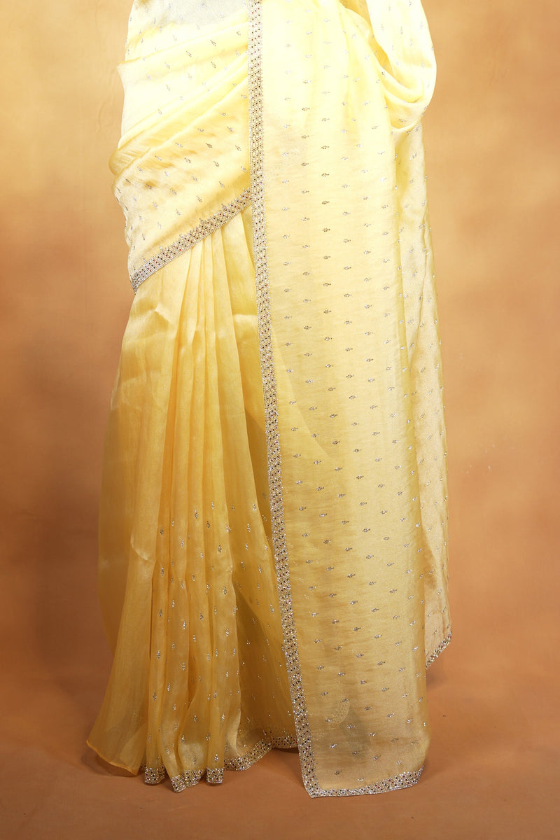 Organza Tissue Saree | Lemon Yellow with Silver Sequin Work | Party & Festive Wear