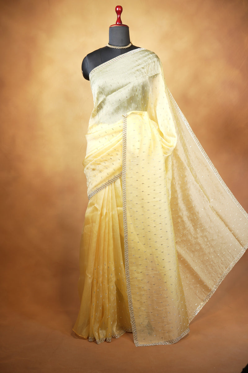 Organza Tissue Saree | Lemon Yellow with Silver Sequin Work | Party & Festive Wear