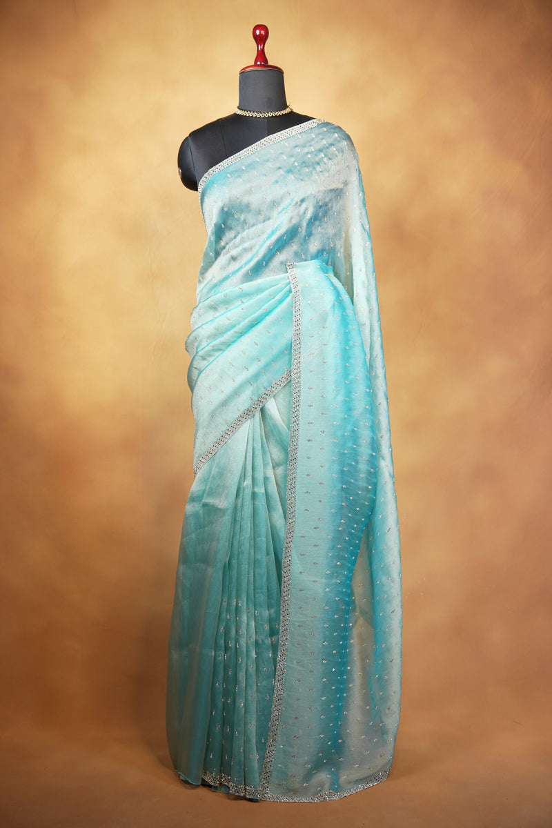 Organza Tissue Saree | Ice Blue Ombre with Silver Sequin Work | Party & Festive Wear
