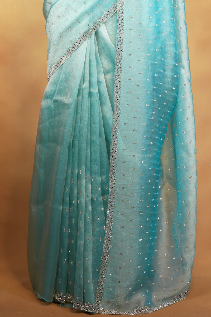 Organza Tissue Saree | Ice Blue Ombre with Silver Sequin Work | Party & Festive Wear