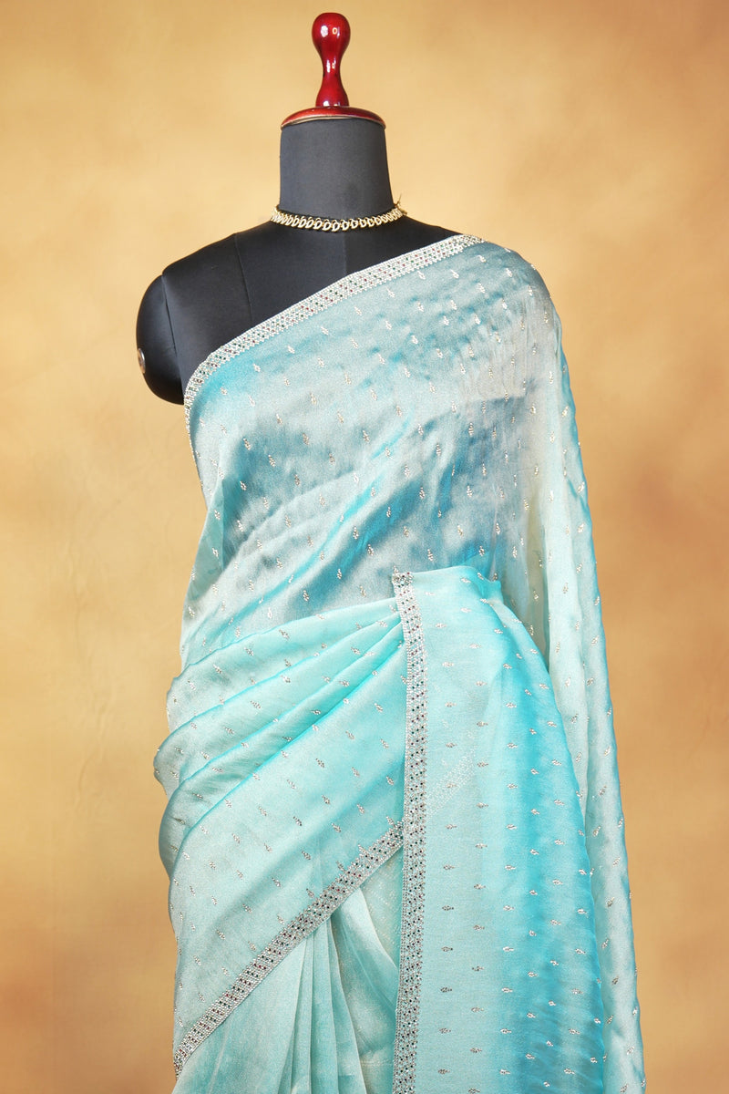 Organza Tissue Saree | Ice Blue Ombre with Silver Sequin Work | Party & Festive Wear