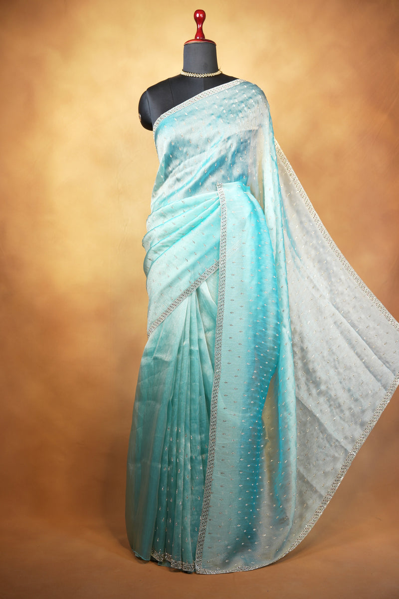 Organza Tissue Saree | Ice Blue Ombre with Silver Sequin Work | Party & Festive Wear