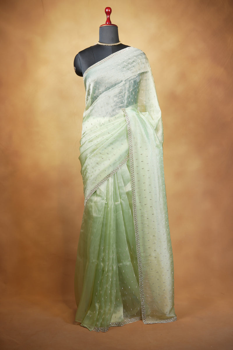 Organza Tissue Saree | Mint Green with Silver Sequin Work | Party & Festive Wear