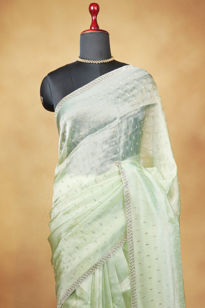 Organza Tissue Saree | Mint Green with Silver Sequin Work | Party & Festive Wear