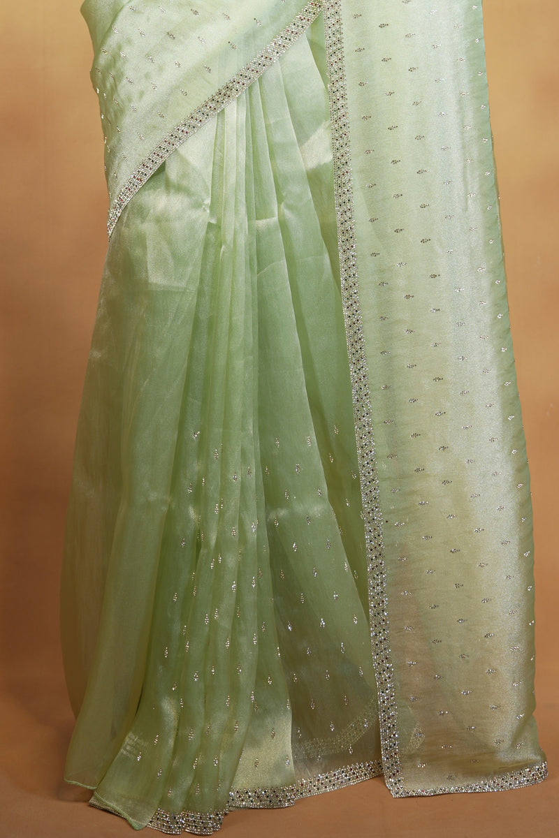 Organza Tissue Saree | Mint Green with Silver Sequin Work | Party & Festive Wear