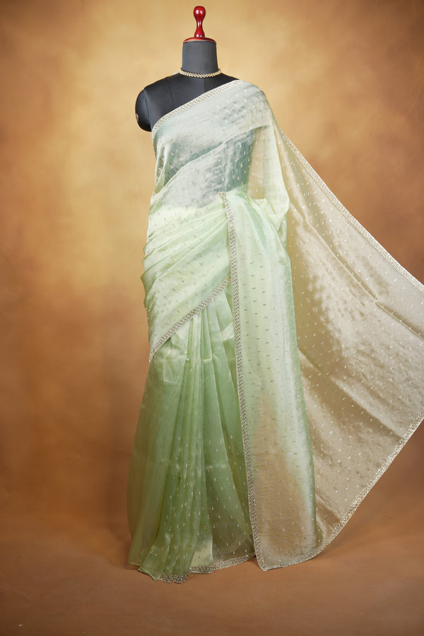 Organza Tissue Saree | Mint Green with Silver Sequin Work | Party & Festive Wear