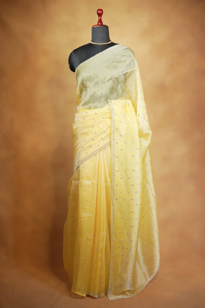 Organza Tissue Saree | Golden Yellow with Sequin Stone Work & Scalloped Border | Party & Festive Wear