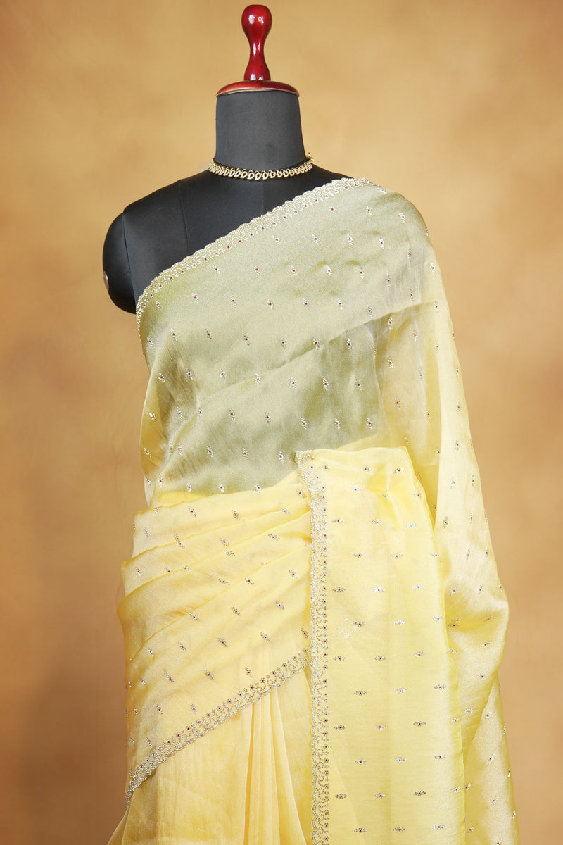 Organza Tissue Saree | Golden Yellow with Sequin Stone Work & Scalloped Border | Party & Festive Wear