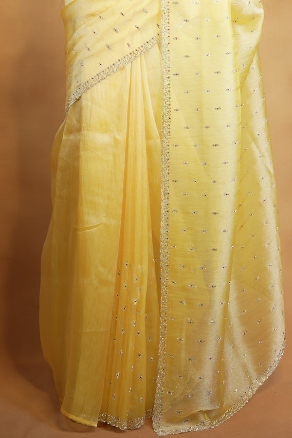 Organza Tissue Saree | Golden Yellow with Sequin Stone Work & Scalloped Border | Party & Festive Wear