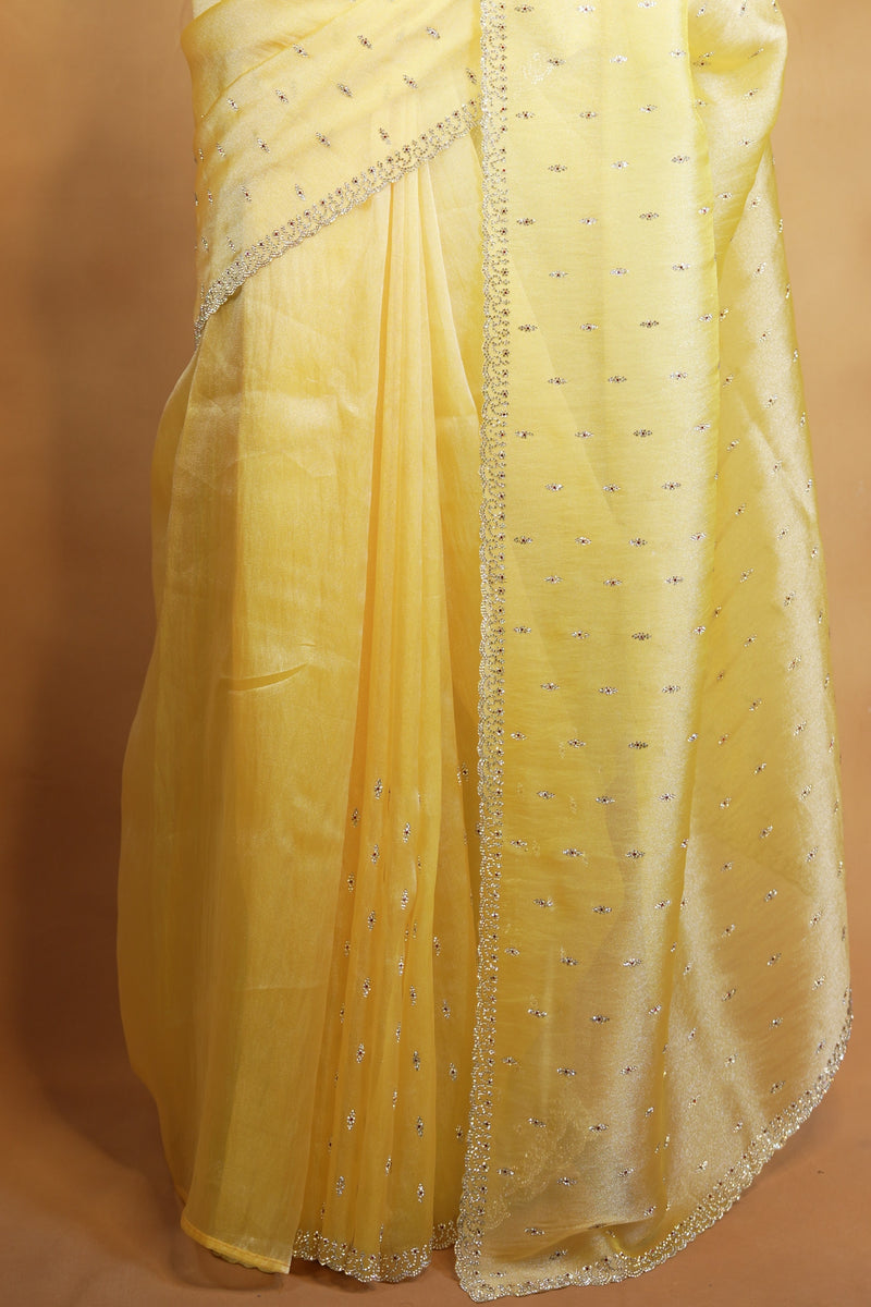 Organza Tissue Saree | Golden Yellow with Sequin Stone Work & Scalloped Border | Party & Festive Wear