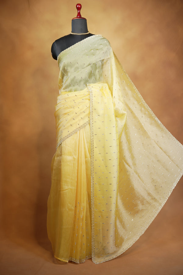 Organza Tissue Saree | Golden Yellow with Sequin Stone Work & Scalloped Border | Party & Festive Wear