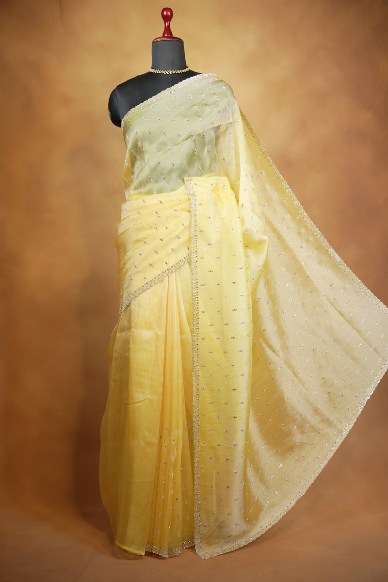 Organza Tissue Saree | Golden Yellow with Sequin Stone Work & Scalloped Border | Party & Festive Wear