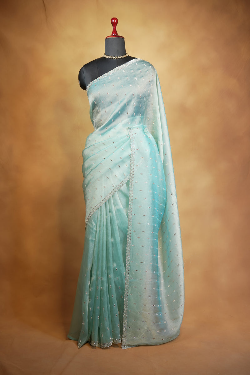 Aqua Blue Organza Saree | Shimmer Motifs with Scalloped Bead Border | Cocktail & Engagement Wear