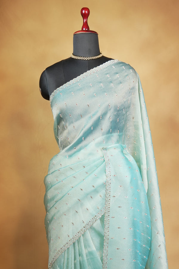 Aqua Blue Organza Saree | Shimmer Motifs with Scalloped Bead Border | Cocktail & Engagement Wear