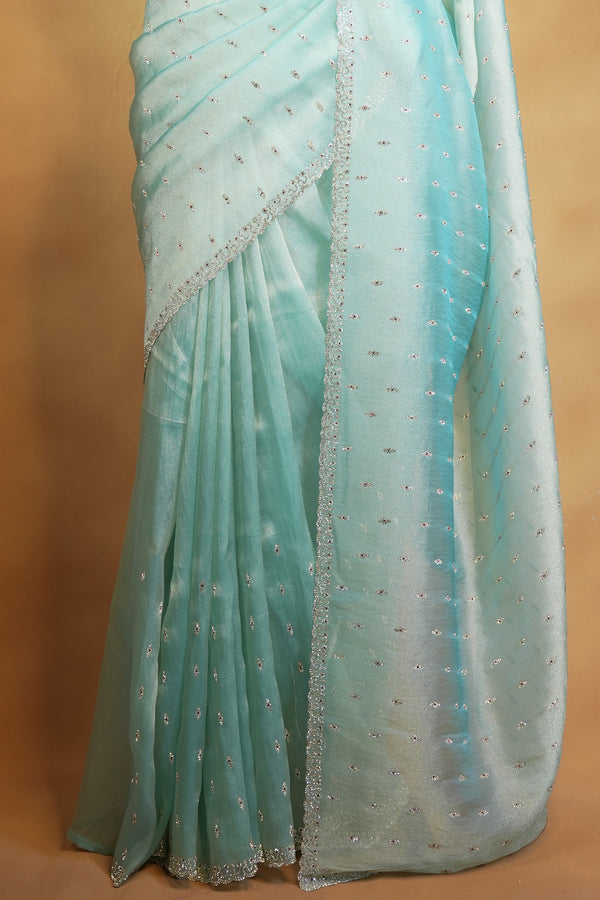 Aqua Blue Organza Saree | Shimmer Motifs with Scalloped Bead Border | Cocktail & Engagement Wear