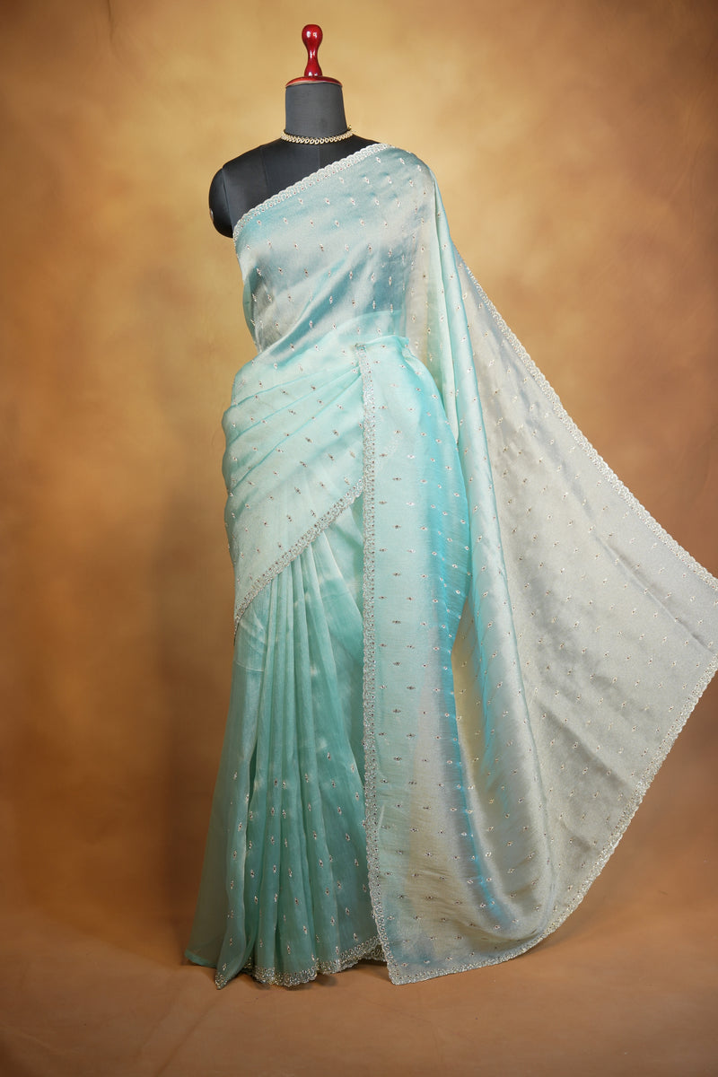 Aqua Blue Organza Saree | Shimmer Motifs with Scalloped Bead Border | Cocktail & Engagement Wear