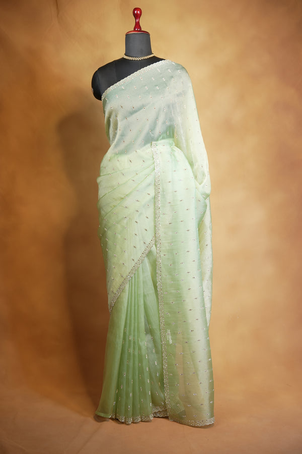 Pale Green Organza Saree | Shimmer Motifs with Scalloped Bead Border | Cocktail & Mehendi Wear
