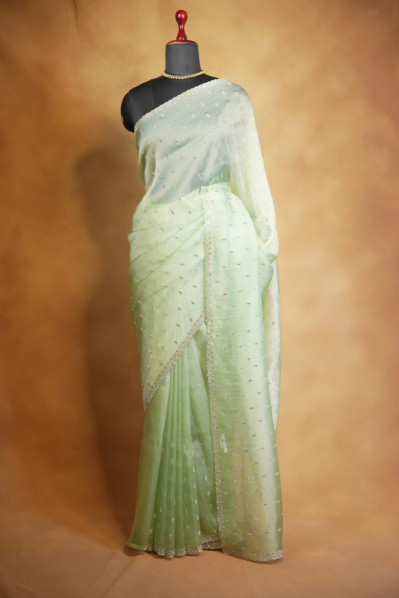 Pale Green Organza Saree | Shimmer Motifs with Scalloped Bead Border | Cocktail & Mehendi Wear