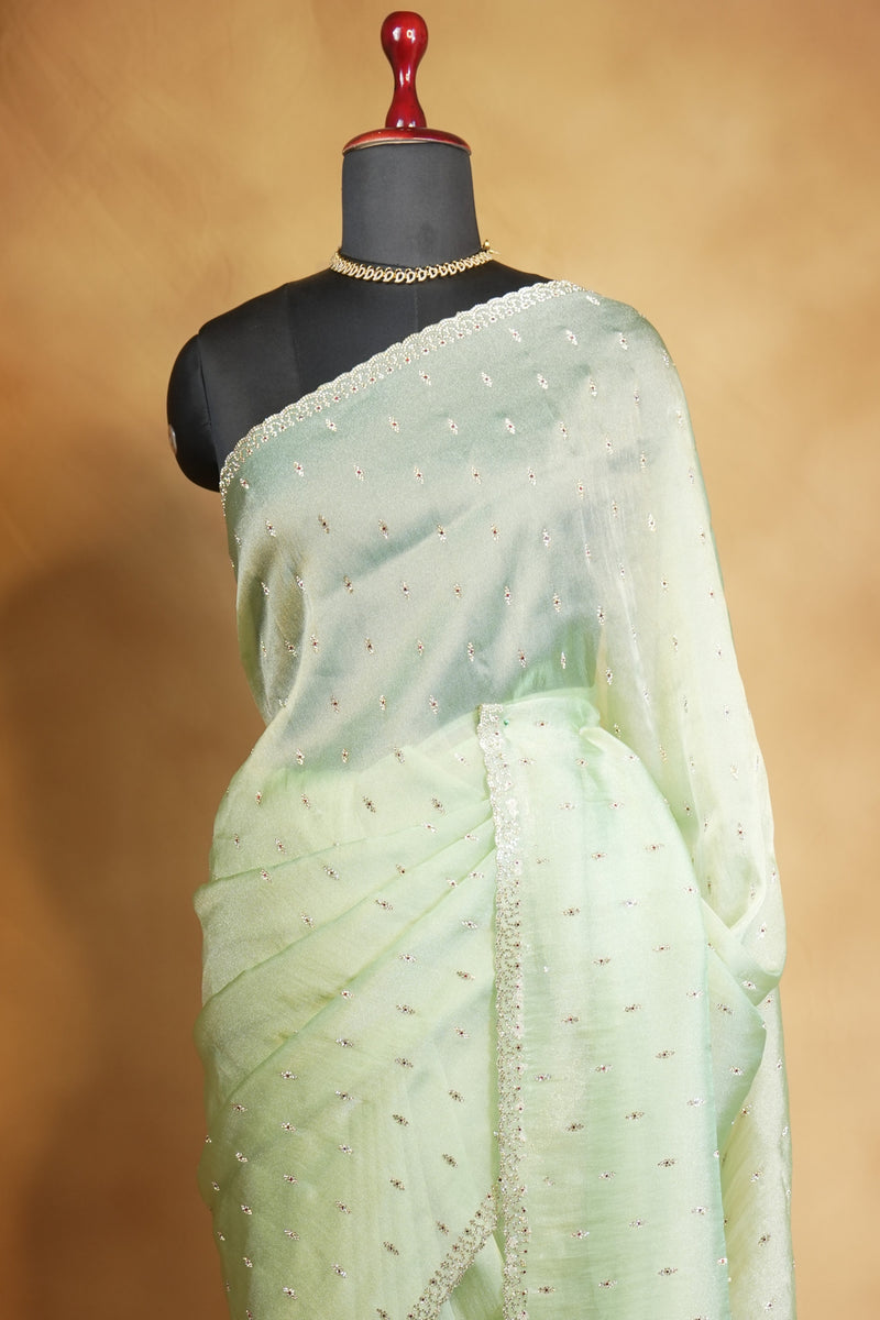 Pale Green Organza Saree | Shimmer Motifs with Scalloped Bead Border | Cocktail & Mehendi Wear