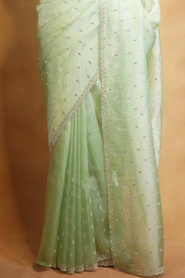 Pale Green Organza Saree | Shimmer Motifs with Scalloped Bead Border | Cocktail & Mehendi Wear
