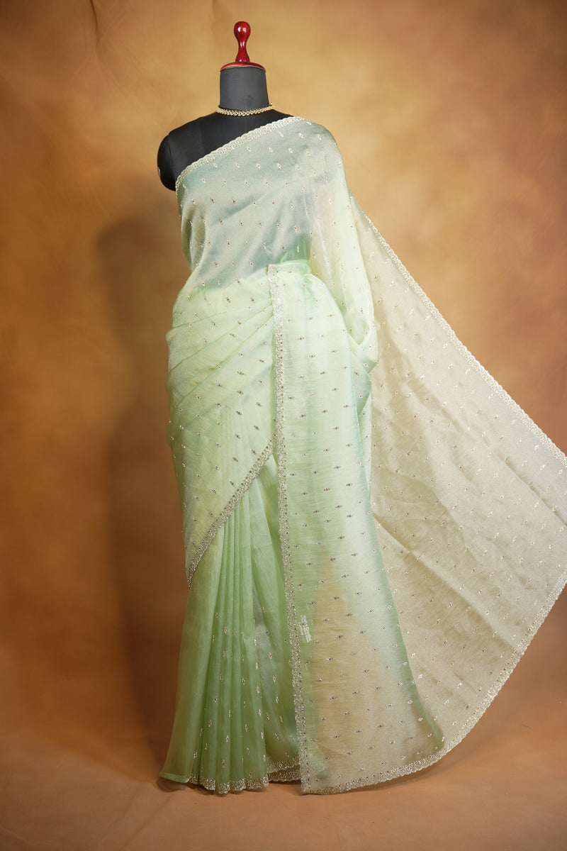 Pale Green Organza Saree | Shimmer Motifs with Scalloped Bead Border | Cocktail & Mehendi Wear