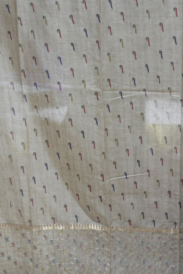 Pastel Check Tussar Saree | Cream Border with Multicolor Motifs | Contemporary Ethnic Wear