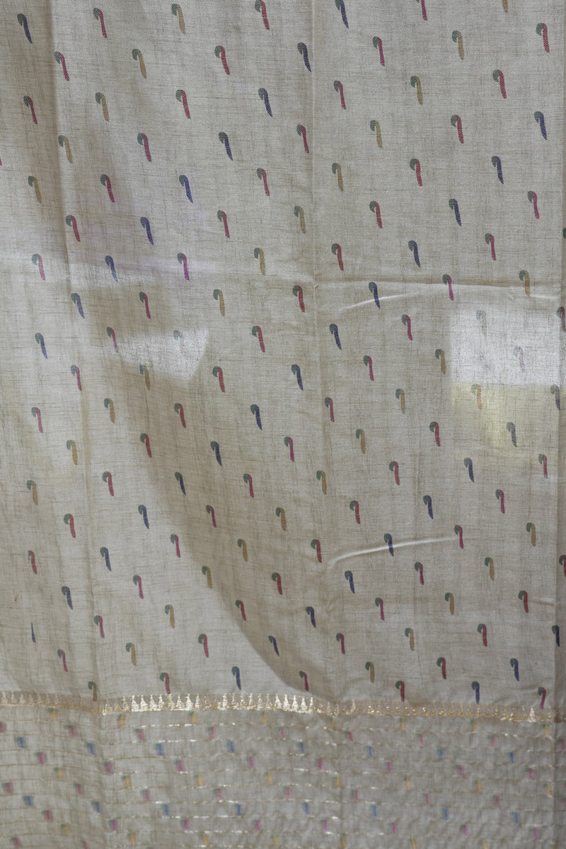 Pastel Check Tussar Saree | Cream Border with Multicolor Motifs | Contemporary Ethnic Wear