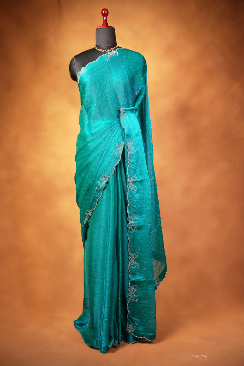 Designer Party Wear Saree | Emerald Teal with Scalloped Cutwork Edge | Reception Wear