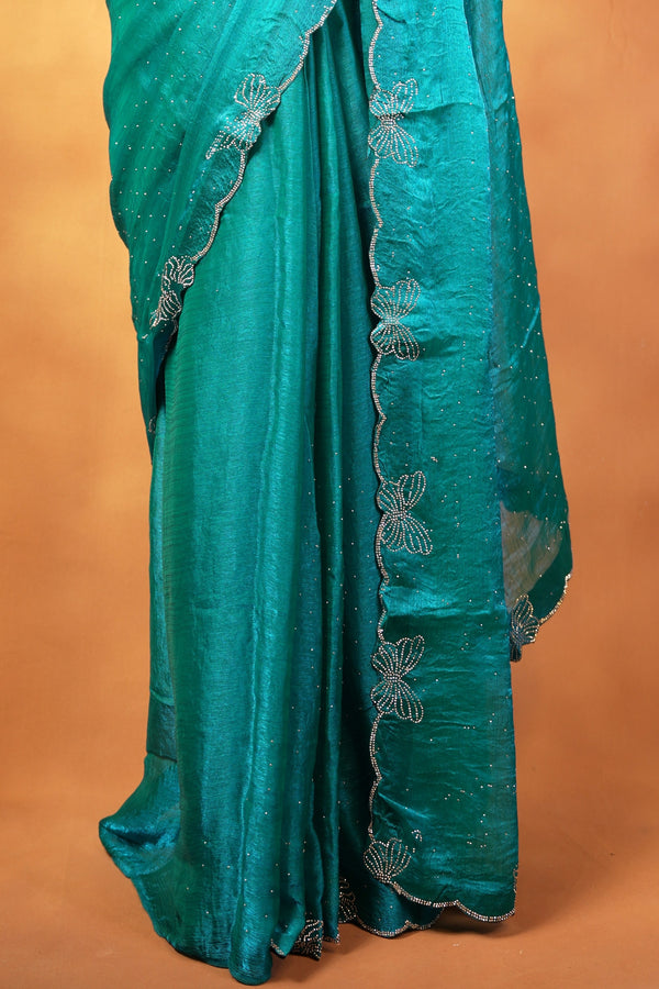Designer Party Wear Saree | Emerald Teal with Scalloped Cutwork Edge | Reception Wear