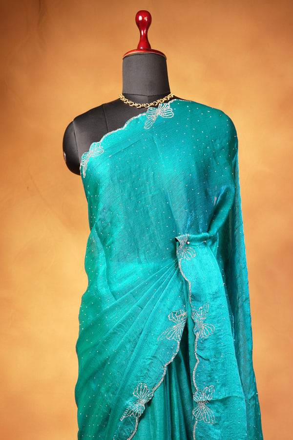 Designer Party Wear Saree | Emerald Teal with Scalloped Cutwork Edge | Reception Wear