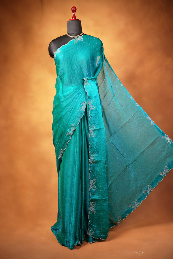 Designer Party Wear Saree | Emerald Teal with Scalloped Cutwork Edge | Reception Wear