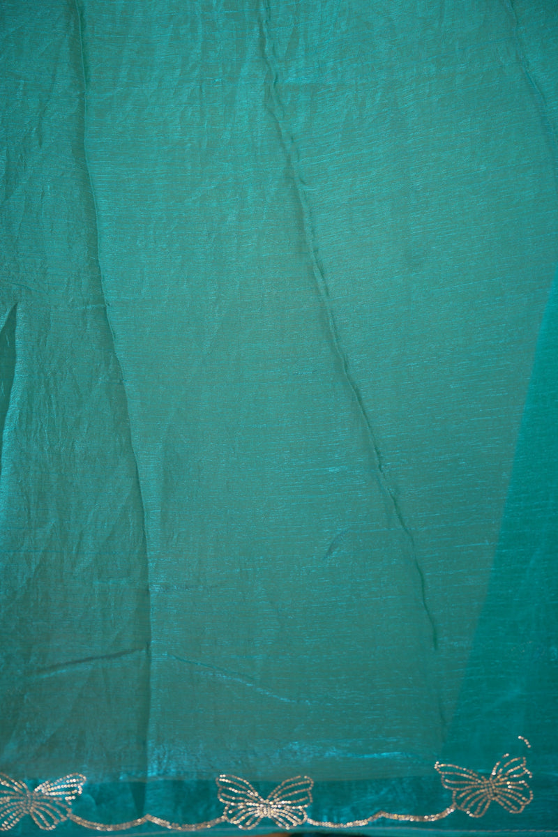 Designer Party Wear Saree | Emerald Teal with Scalloped Cutwork Edge | Reception Wear