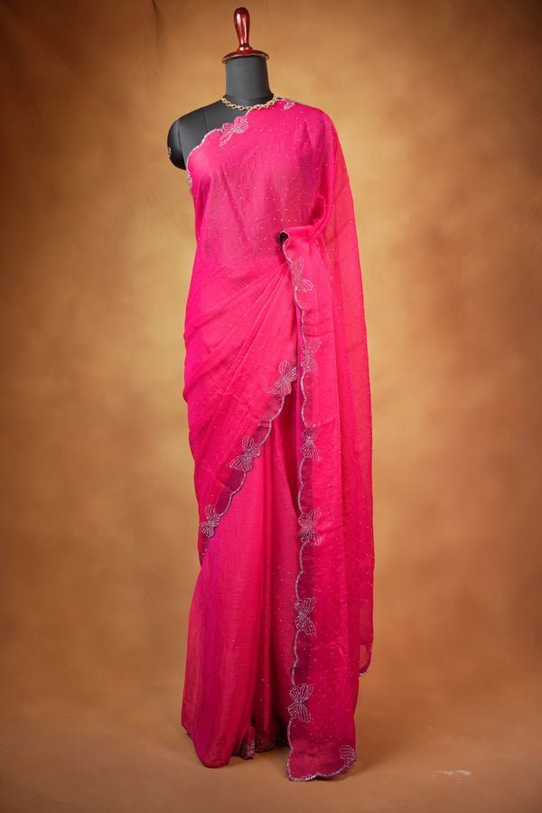 Designer Saree | Rani Pink with Butterfly Stone Work Scalloped Border | Party & Wedding Wear