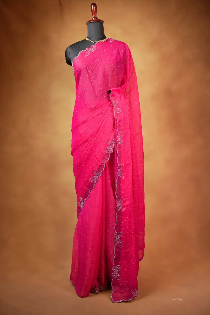 Designer Saree | Rani Pink with Butterfly Stone Work Scalloped Border | Party & Wedding Wear