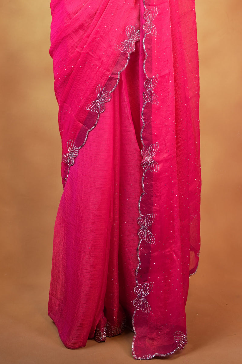 Designer Saree | Rani Pink with Butterfly Stone Work Scalloped Border | Party & Wedding Wear