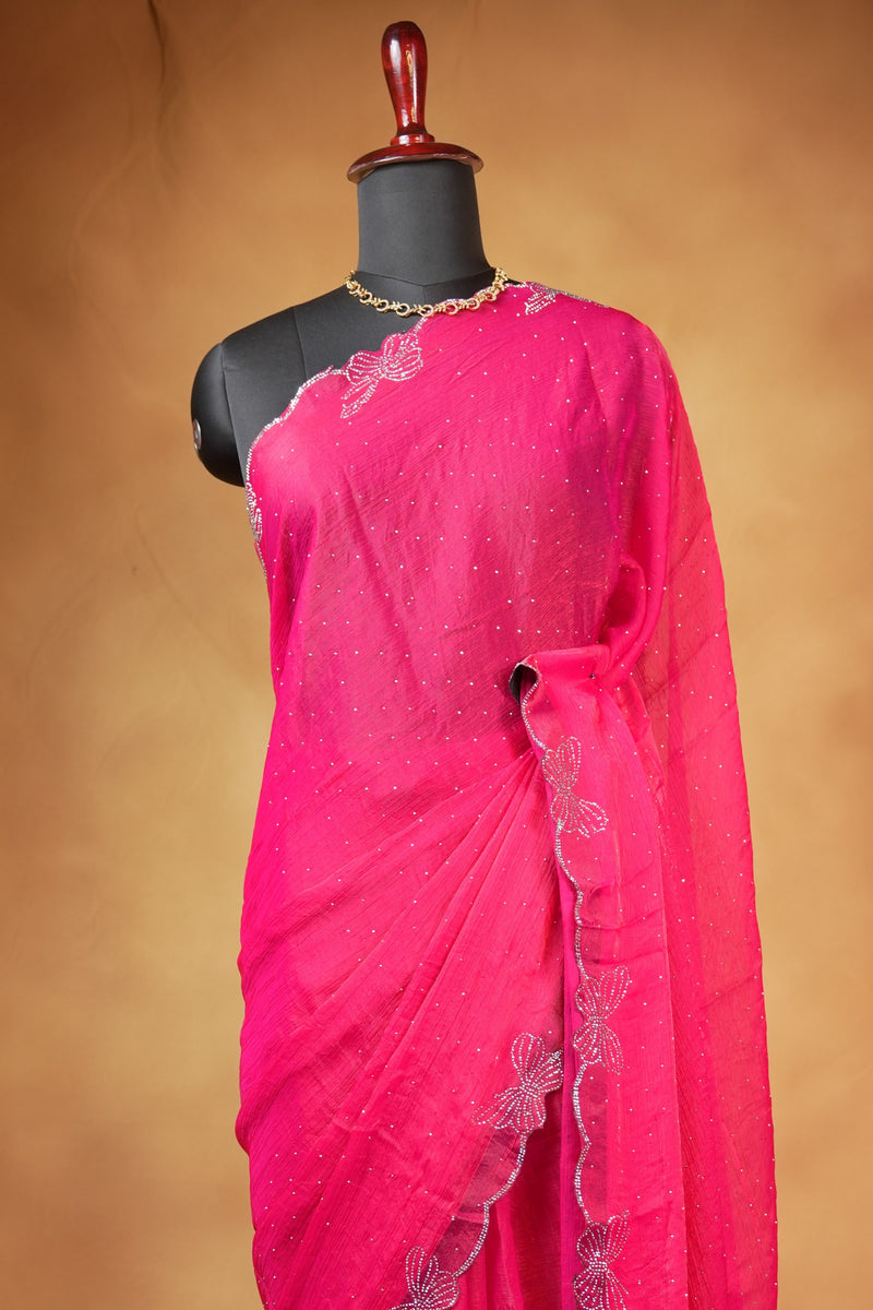 Designer Saree | Rani Pink with Butterfly Stone Work Scalloped Border | Party & Wedding Wear