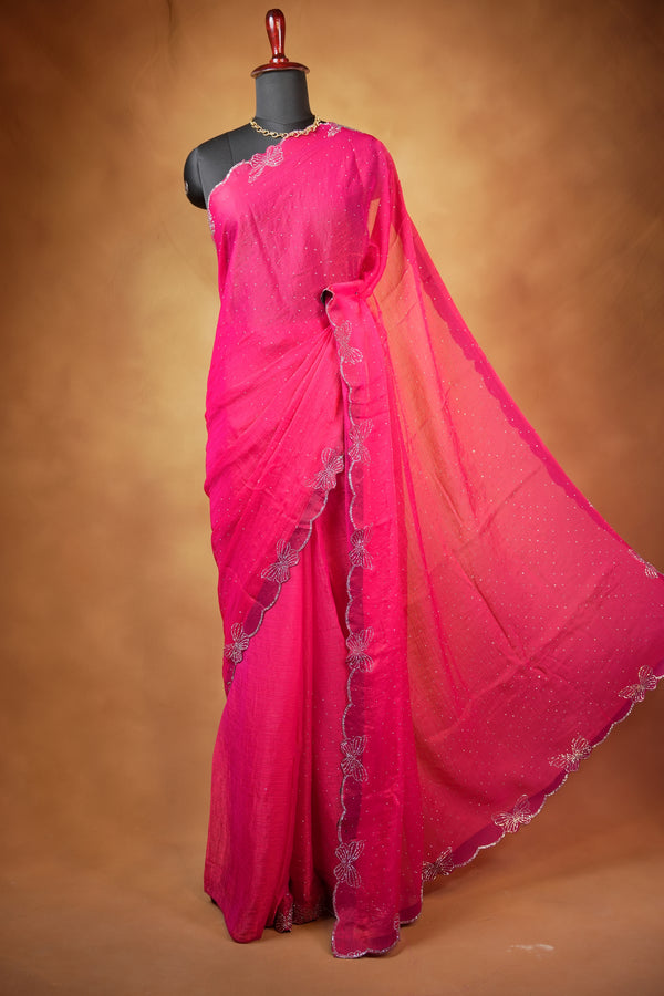 Designer Saree | Rani Pink with Butterfly Stone Work Scalloped Border | Party & Wedding Wear