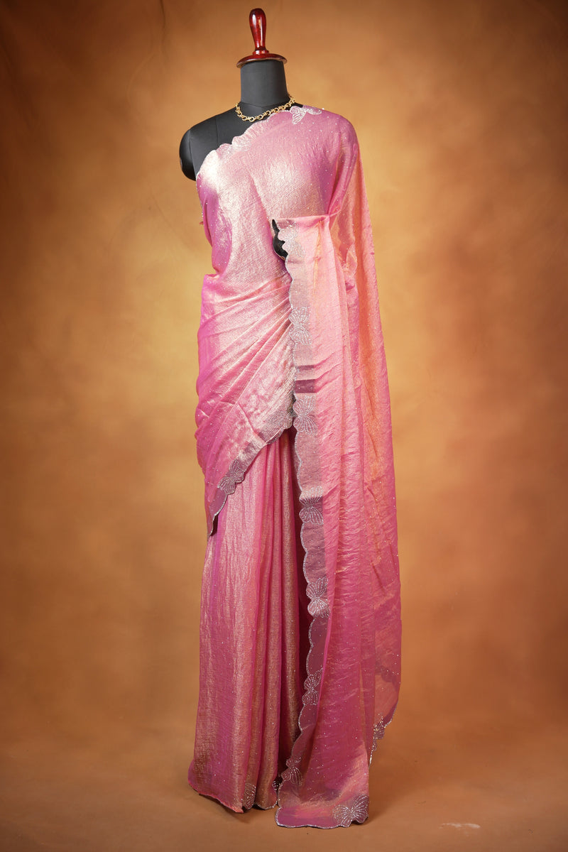 Designer Saree | Baby Pink Shimmer with Butterfly Stone Work Scalloped Border | Party & Wedding Wear