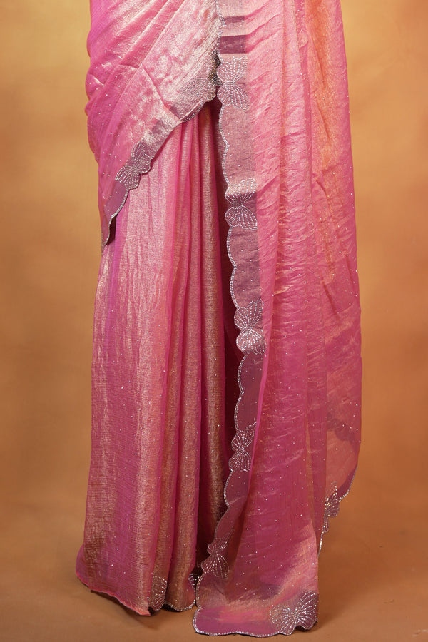 Designer Saree | Baby Pink Shimmer with Butterfly Stone Work Scalloped Border | Party & Wedding Wear