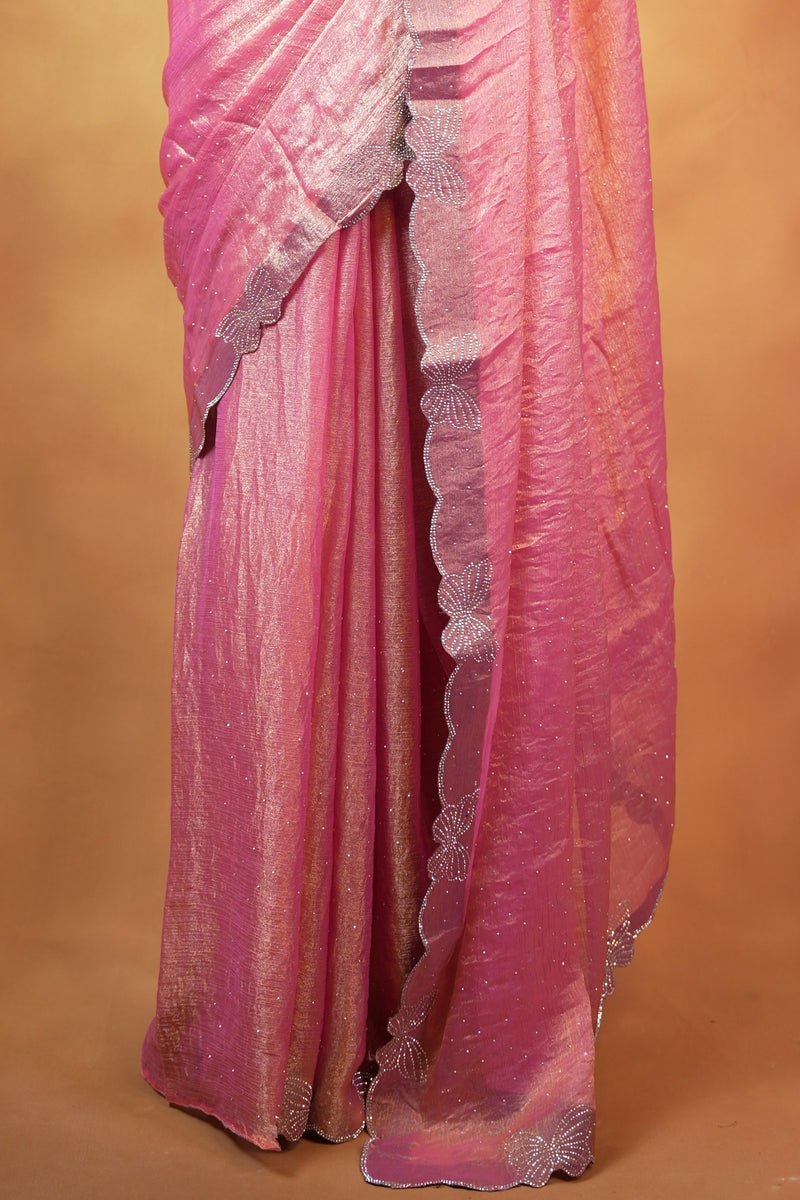 Designer Saree | Baby Pink Shimmer with Butterfly Stone Work Scalloped Border | Party & Wedding Wear
