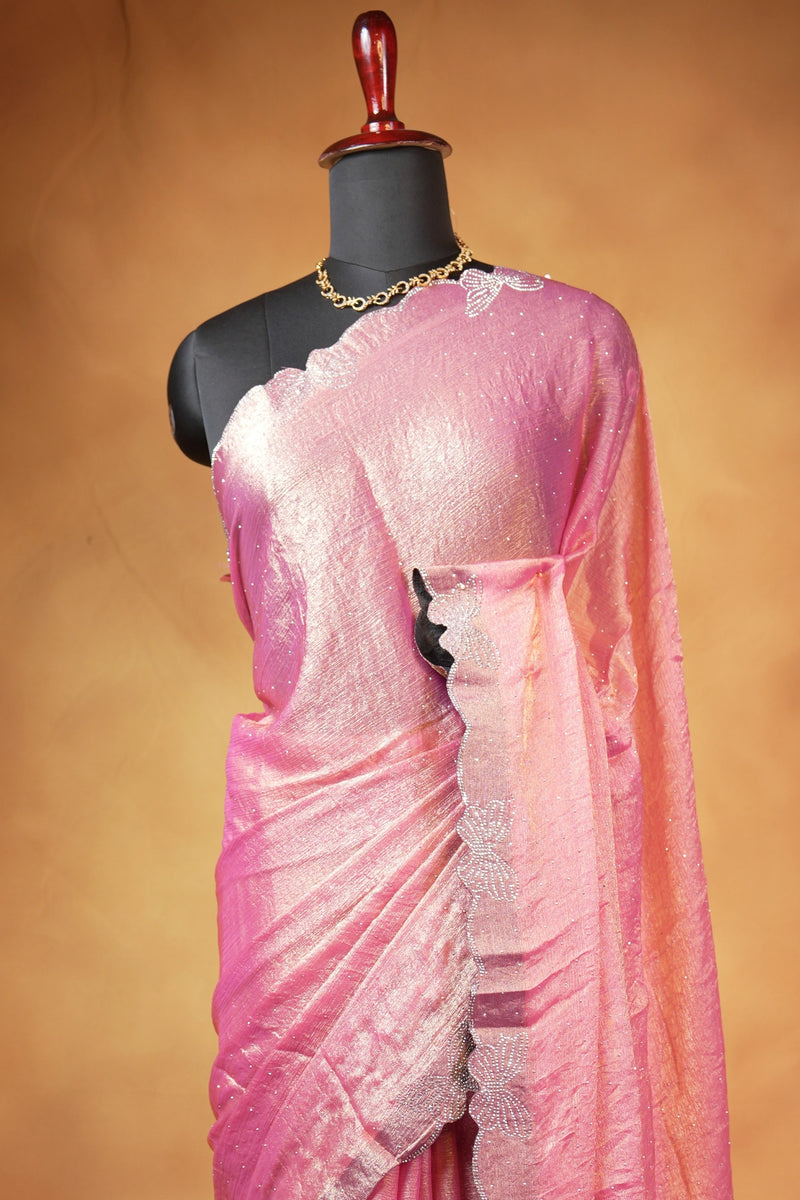 Designer Saree | Baby Pink Shimmer with Butterfly Stone Work Scalloped Border | Party & Wedding Wear