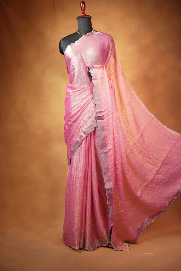 Designer Saree | Baby Pink Shimmer with Butterfly Stone Work Scalloped Border | Party & Wedding Wear