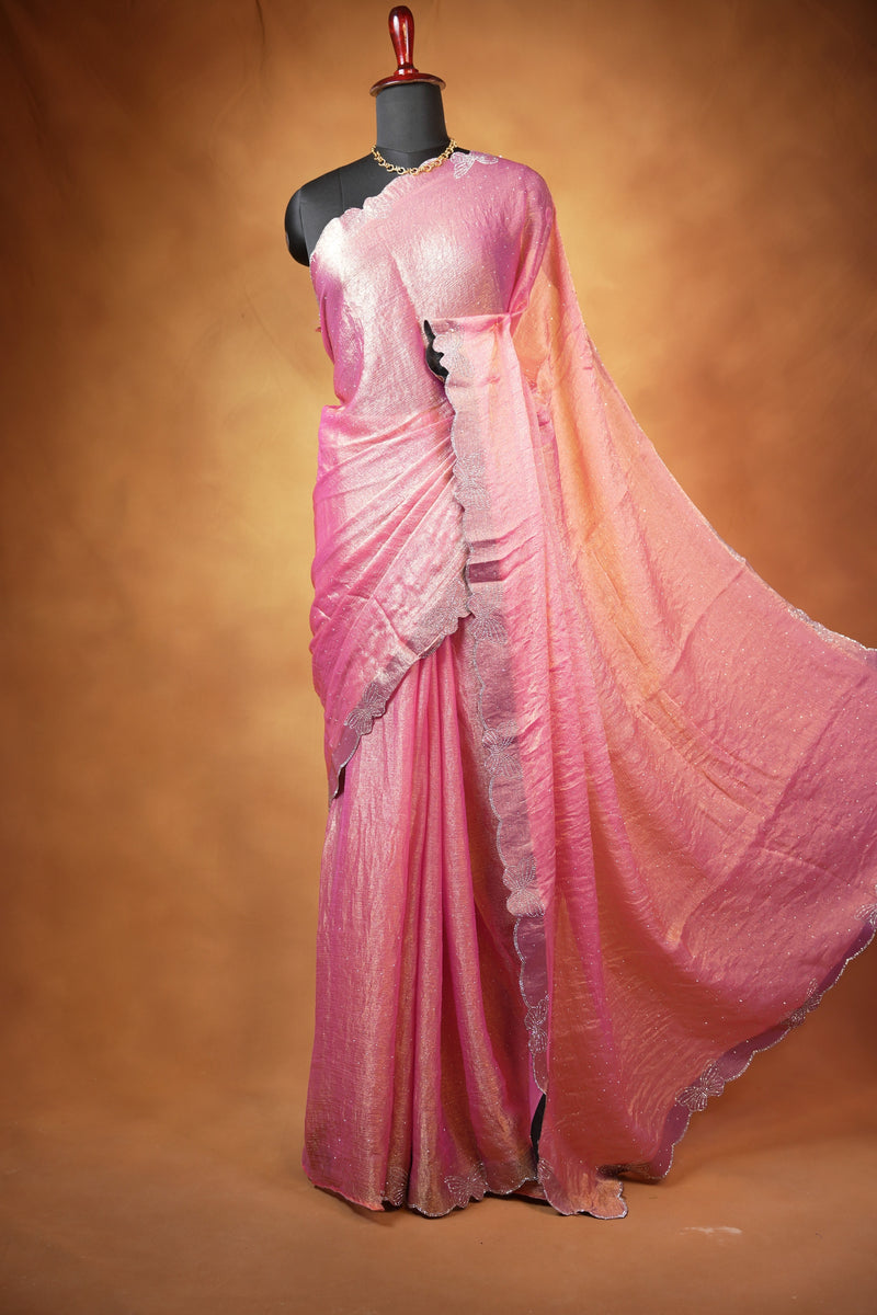 Designer Saree | Baby Pink Shimmer with Butterfly Stone Work Scalloped Border | Party & Wedding Wear