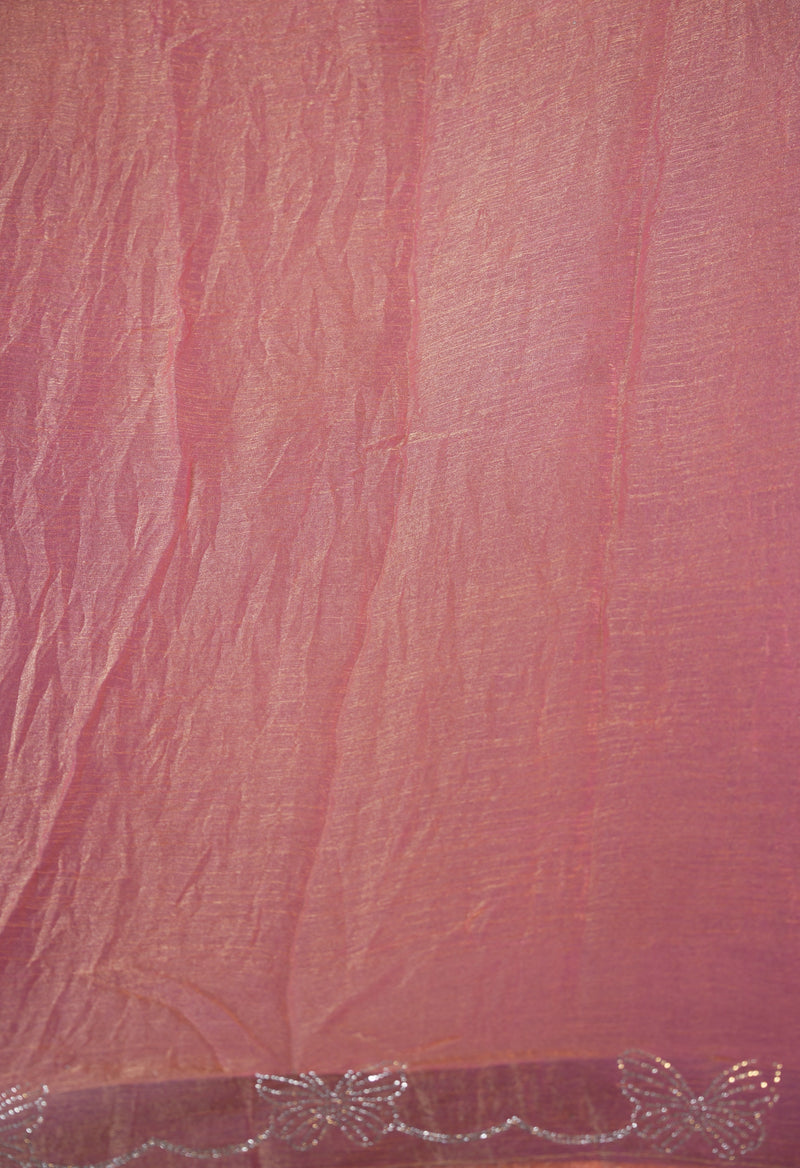 Designer Saree | Baby Pink Shimmer with Butterfly Stone Work Scalloped Border | Party & Wedding Wear