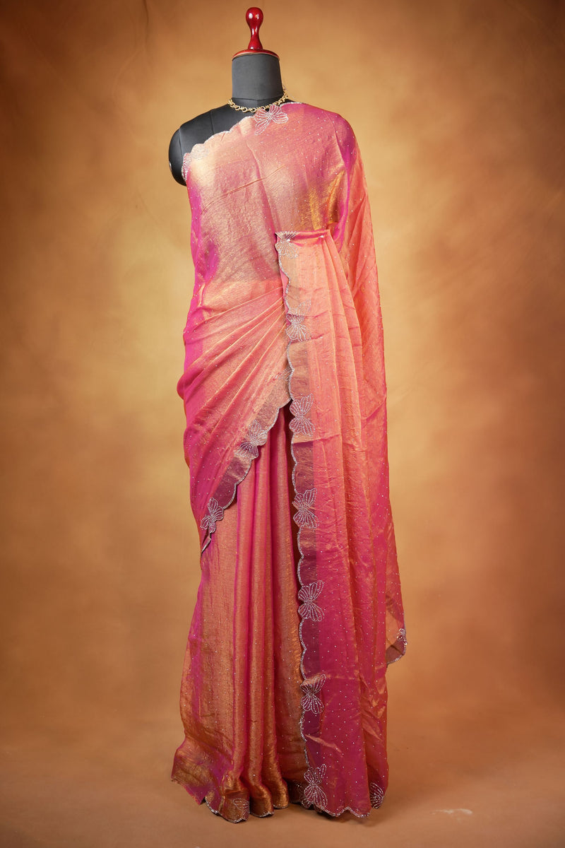Designer Saree | Orange with Butterfly Stone Work Scalloped Border | Party & Wedding Wear
