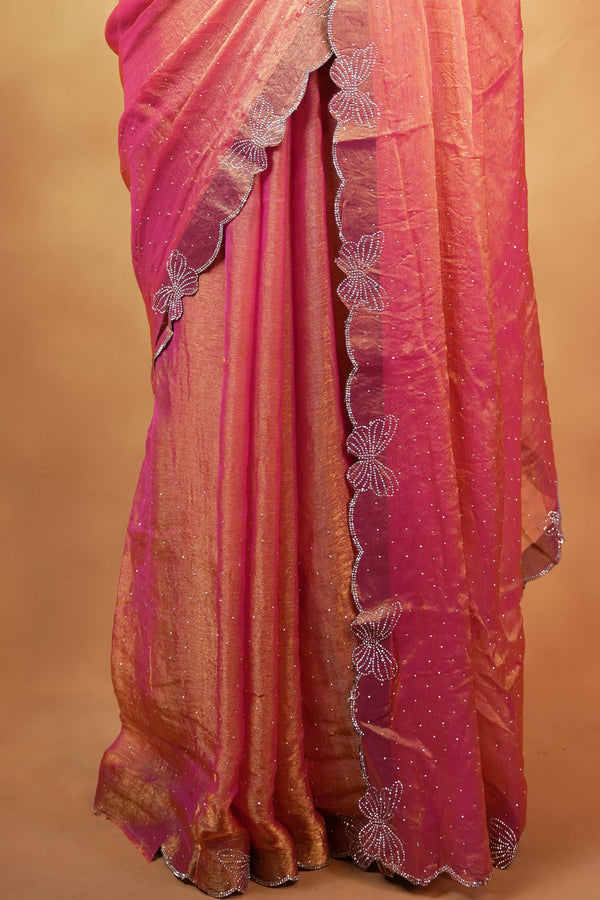 Designer Saree | Orange with Butterfly Stone Work Scalloped Border | Party & Wedding Wear