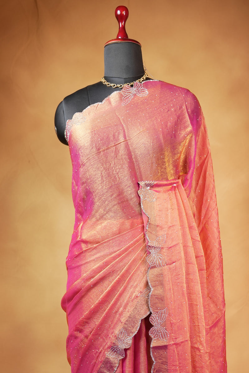 Designer Saree | Orange with Butterfly Stone Work Scalloped Border | Party & Wedding Wear