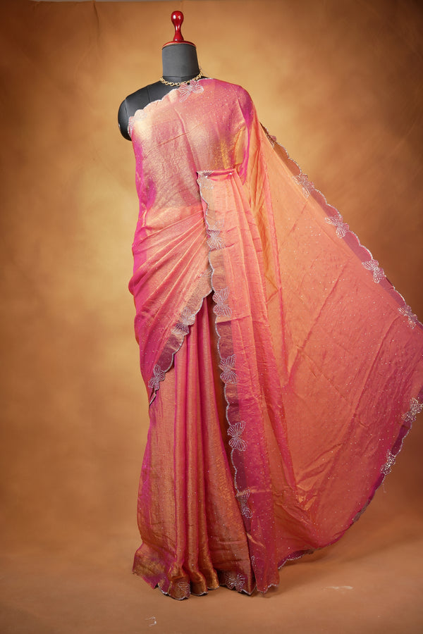 Designer Saree | Orange with Butterfly Stone Work Scalloped Border | Party & Wedding Wear